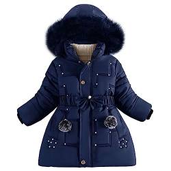 linboo Wintermantel Mädchen Winterjacke Kinder Warm Fleece Mäntel Verdickte Baumwolle Gefütterte Jacke Klassische Parka mit Nieten, Gürtel, Bögen, Marineblau, 146-152 von linboo