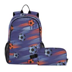 linqin Abstrakter Fußball-Rucksack für Schule und Lunchtasche, Schultasche und Lunchbox-Set für Jungen, Büchertasche für Jungen 10-12 von linqin