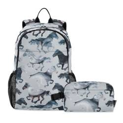 linqin Aquarell-Pferd-Rucksack mit Lunchbox, Schultasche und Lunchbox-Set für Jungen, Schultasche für Jungen von 7–10 Jahren von linqin