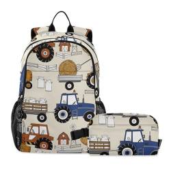 linqin Bauernhof Traktor Rucksack für Jungen mit Brotdose Schulrucksack mit Lunchtasche Büchertasche für Jungen 10-12 von linqin