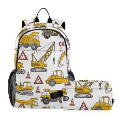 linqin Bauwagen-Rucksack für Schule und Mittagessen, gelber LKW, Schulrucksack mit Lunchtasche, Schultasche für Jungen im Alter von 8–10 Jahren von linqin