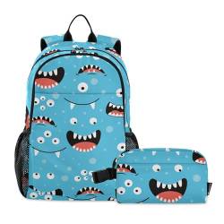 linqin Blauer Monstergesichter Rucksack mit Lunchbox für Jungen, Schulrucksack mit Lunchbox, Büchertaschen mit Lunchbox für Jungen im Alter von 8-10 Jahren, 2 von linqin