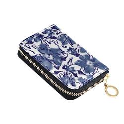 linqin Blue Ink Horses Tropical Hibiscus Flowers Small Credit Card Holder for Girl Riskfree RFID Blocking Wallets Leather Zip Pocket Purse, Blaue Tinte Pferde, 1 size, Classic von linqin