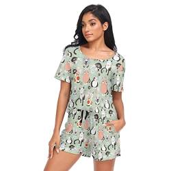 linqin Damen Pyjama Set Lustige Nachtwäsche Shorts Damen Schlafanzug Set Sommer Weich Schlafanzug Set, Lustige Katzen., 48 von linqin