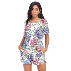 linqin Damen Schlafanzug Set Soft Pyjama Set Wasserfarben Hortensie Schlafanzug Damen Schlafanzug, Aquarell Hortensie, 38 von linqin