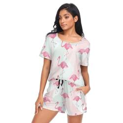 linqin Damen Sommer Flamingo Pyjama Set Damen Shorts Damen Pyjama Sets Baumwolle Pyjama Sets für Frauen, Flamingos für den Sommer, 36 von linqin