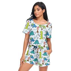 linqin Dino Friends Damen Schlafanzug Set Shorts und weiches Oberteil Kurzarm Dino Friends XXL, Dino Friends, 48 von linqin