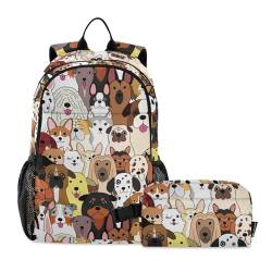 linqin Doodle Dogs bunter Rucksack mit Lunchbox, Schultasche für Jungen, mit Lunchtasche, Büchertasche und Lunchbox, 10–12 Jahre von linqin