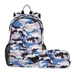 linqin Farbenfroher Camouflage-Rucksack für die Schule, mit Lunchtasche, Schulrucksack mit Lunchtasche, Büchertasche und Lunchbox 7–10 von linqin