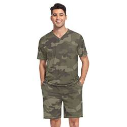 linqin Herren Army Camo Pyjama Set Herren Kurz Pyjama Set Baumwolle Anzug Pyjama für Männer, Army Camo, L von linqin