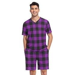 linqin Herren Pyjama Set Lila Kariert Sommer Kurzarm Top, Tagesdecke Buffalo, Violett, M von linqin