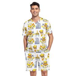 linqin Herren Schlafanzug Set Seamless Cartoon Lustige Schlafanzughose Kurz Weich Herren Pyjama Shorts, Lustige Trucks, L von linqin