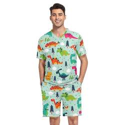 linqin Lustige Dinosaurier Cartoon Herren Pjs Pyjama Tops für Männer Sommer Kurze Pyjamahose, Lustige Dinosaurier Cartoon, M von linqin