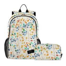 linqin Rucksack mit bunten Aquarellblättern, Schulrucksäcke für Mädchen, mit Lunchbox, Schultasche, Jungen, 7–10 Jahre von linqin