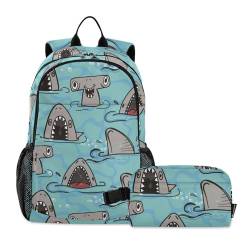 linqin Shark Blue Rucksack und Lunchbox für Jungen Schultasche mit Lunchtasche Büchertaschen mit Lunchbox für Jungen 10-12 von linqin