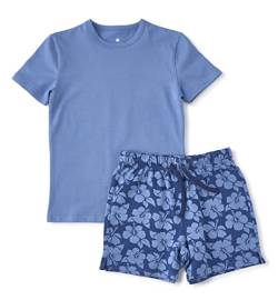 little label - Kinder Schlafanzug Jungen 86 (18M - Shortama - Sommer Jungen Pyjama Kurz - Blau Sommer Hawaii-Print - Bio-Baumwolle von little label