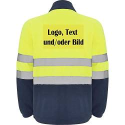 loco Personalisierte Arbeits Fleecejacke Hi-Viz mit zwei reflektierenden Bändern, elastischen Bündchen und Stoper im Saum L56 (M, Gelb Fluoreszierend (Gelb Patch)) von loco