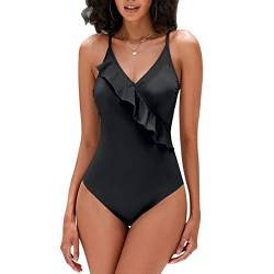 loginsummer Damen-Badeanzüge, Rüschen, Volant, Bademode, Monokini, Bauchkontrolle, mit Schnürung am Rücken (Schwarz, EU38) von loginsummer