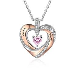 lorajewel Damen Herz Halsketten mit 2 Namen Sterling Silber 925 Mutter Kinder Kette mit Gravur und Steinen Silber Herz Anhänger Personalisierte Kette für Mutter/Tochter/Frau/Freundin von lorajewel