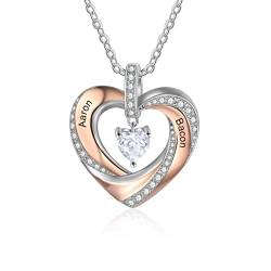 lorajewel Damen Herz Halsketten mit 2 Namen Sterling Silber 925 Mutter Kinder Kette mit Gravur und Steinen Silber Herz Anhänger Personalisierte Kette für Mutter/Tochter/Frau/Freundin von lorajewel