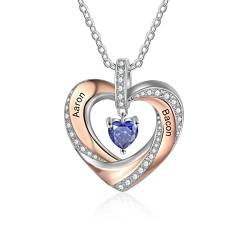 lorajewel Damen Herz Halsketten mit 2 Namen Sterling Silber 925 Mutter Kinder Kette mit Gravur und Steinen Silber Herz Anhänger Personalisierte Kette für Mutter/Tochter/Frau/Freundin von lorajewel