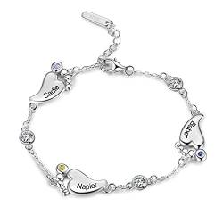 lorajewel Damen Namen Armband Armkette mit 3 Namen Gravur 925 Sterling Silber Baby Füße Geburtsstein Funkelnden Kristallen Geburtstagsgeschenk für Mutter Tochter von lorajewel