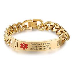 lorajewel Medizinische Armbänder, 7,5 Zoll kostenlose Gravur Personalisierte Notfall Medizinische Alarm ID Gravur Armbänder Gold für Unisex von lorajewel