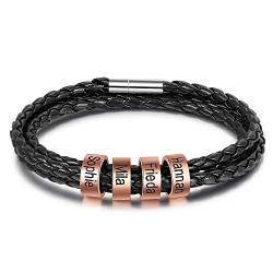 lorajewel Personalisierte Armbänder mit 3 Namen Herren/Damen Schwarz Flechten Lederarmband Kette mit Kindernamen Männer/Frauen Schmuck mit Gravur Rosegold von lorajewel