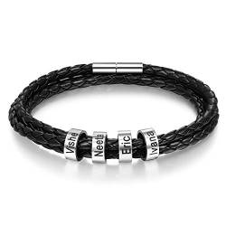 lorajewel Personalisierte Armbänder mit 3 Namen Herren/Damen Schwarz Flechten Lederarmband Kette mit Kindernamen Männer/Frauen Schmuck mit Gravur Silber von lorajewel