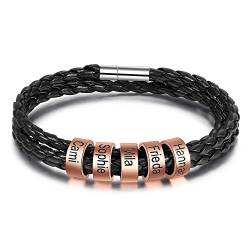 lorajewel Personalisierte Armbänder mit 4 Namen Herren/Damen Schwarz Flechten Lederarmband Kette mit Kindernamen Männer/Frauen Schmuck mit Gravur Rosegold von lorajewel