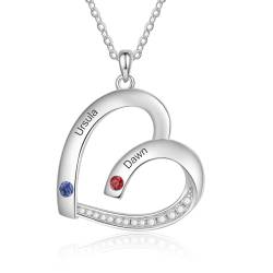lorajewel Personalisierte Herz Halskette für Damen Silber Kette mit Namen und Geburtsstein Geschenk für die Mutter zum Muttertag Weihnachten Valentinstag (2 name) von lorajewel