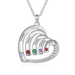 lorajewel Personalisierte Herz Halskette für Damen Silber Kette mit Namen und Geburtsstein Geschenk für die Mutter zum Muttertag Weihnachten Valentinstag (5 name) von lorajewel