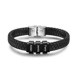 lorajewel Personalisiertes Herren Armbänder mit 3 Namen Männer gewebte Lederseil 23 cm Rostfreier Stahl Armbandgeschenk,Gib meinen Vater und Bruder von lorajewel