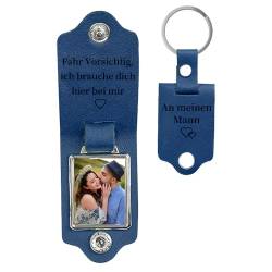 lorajewel Schlüsselanhänger Personalisiert Leder Text Foto Schlüsselanhänger Personalisierte Geschenke für Männer und Frauen-Fahr Vorsichtig, ich brauche dich hier bei mir (Blau) von lorajewel