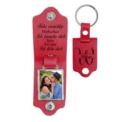 lorajewel Schlüsselanhänger Personalisiert mit Foto Namen aus Leder - Geschenk für Partner Valentinstag - Fahr Vorsichtig Ich brauche dich von lorajewel