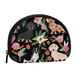 Dackel Hund mit Blumen, Geldbörse, Muschel-Make-up-Tasche, Damen-Aufbewahrungstasche, kleine Geldbörse, Muschel-Wechseltasche von losolese