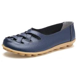 lovejin Damen Bootsschuhe Barfußschuh Weichen Leder Flache Schuhe Bequeme Fahr Schuhe Hohlen Freizeit Flache Schuhe, 35 EU, Blau von lovejin