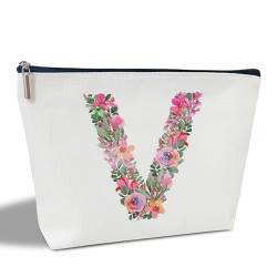 Initial Letter V Gifts for Women Mom Friend Besties Sister, Flower Monogrammed Makeup Bag, Cosmetic Travel Bag with Zipper for Mother's Day Wedding Graduation, Bride Bridesmaid Pouch Toiletry Bag - von ltazhyi