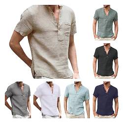 Leinen Hemd Herren Kurzarm Hemd Leinen Einfarbig Shirts Henley Hemden mit Knopfleiste Shirt Sommer Casual Leinenshirt Leichtes Sommerhemd Strandhemd von luoluoluo