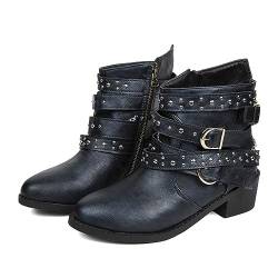 luoluoluo Damen Stiefeletten Biker Boots - Stiefel mit Nieten Blockabsatz - Bequeme Herbst Winter Frauen Schuhe Schnallen Vintage Cowboy Stiefel Damen Ankle Boots Frauen Stiefeletten von luoluoluo