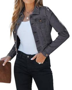 luvamia 2023 Cropped Jean Jacken für Frauen Mode Kurze Denim Shacket Jacke Leichte Fitted Stretchy mit Taschen, Blassschwarz, S von luvamia