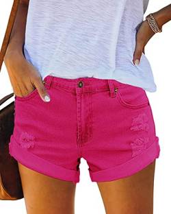 luvamia 2023 Jeans-Shorts für Damen, mittelhohe Taille, lässig, zerrissen, dehnbar, Y2K-Saum, kurze Hotpants, Knallpink (Hot Pink), Groß von luvamia