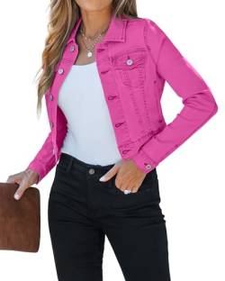 luvamia 2024 Cropped-Jeansjacken für Damen, modisch, kurz, Denim-Shacket-Jacke, leicht, tailliert, dehnbar, mit Taschen, Knallpink (Hot Pink), L von luvamia