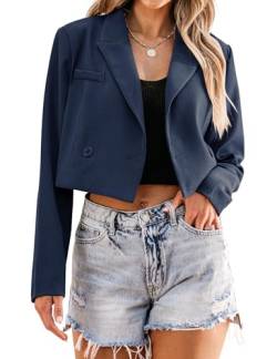 luvamia Cropped-Blazer für Damen, Business, Freizeit, offene Vorderseite, langärmelig, Anzugjacke, trendig, übergroß, Arbeit, Büro, Blazer, Marineblau, S von luvamia