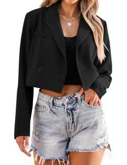 luvamia Cropped-Blazer für Damen, Business, Freizeit, offene Vorderseite, langärmelig, Anzugjacke, trendig, übergroß, Arbeit, Büro, Blazer, Schwarz, M von luvamia