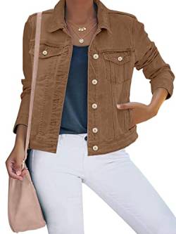 luvamia Damen Basic Button Down Stretch Fitted Long Sleeves Denim Jeans Jacke, Braun, S von luvamia