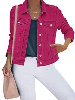 luvamia Damen Basic Button Down Stretch Fitted Long Sleeves Denim Jeans Jacke, C Raspberry Rose Pink, XL von luvamia