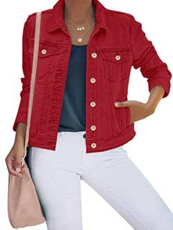 luvamia Damen Basic Button Down Stretch Fitted Long Sleeves Denim Jeans Jacke, Echtes Rot, XXL von luvamia