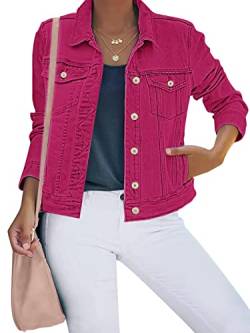 luvamia Damen Basic Button Down Stretch Fitted Long Sleeves Denim Jeans Jacke, Raspberry Rose Pink, L von luvamia