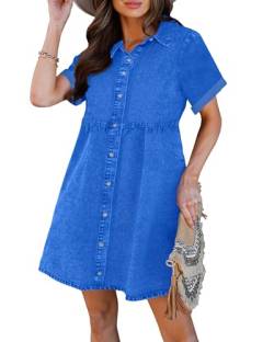 luvamia Damen Casual Kurzarm Button Down gestuftes Denim Babydoll Jeans Kleid, Blau (French Blue), XX-Large von luvamia